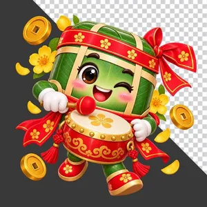 Bánh chưng đánh trống hội rực rỡ hoa mai đồng tiền vàng - File PNG