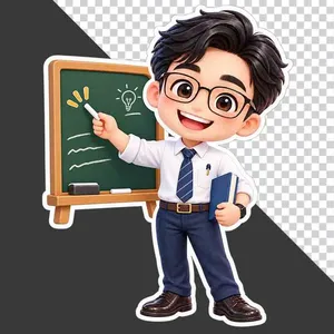 Thầy giáo hoạt hình đeo kính đang giảng bài cạnh bảng đen 20 tháng 11 - PNG