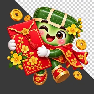 File PNG - Bánh chưng ôm phong bao lì xì lớn hoa mai tiền vàng