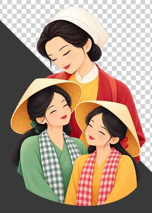 File PNG - Mẹ đội mũ vải ôm hai con gái mặc áo bà ba đội nón lá