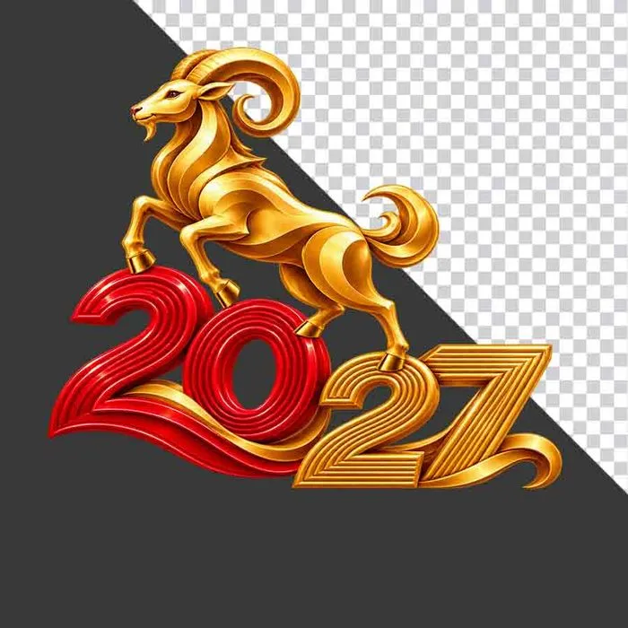 File PNG - Hình ảnh chú dê vàng đứng trên chữ số 2027 chào năm mới