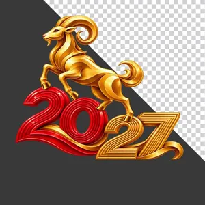 File PNG - Hình ảnh chú dê vàng đứng trên chữ số 2027 chào năm mới