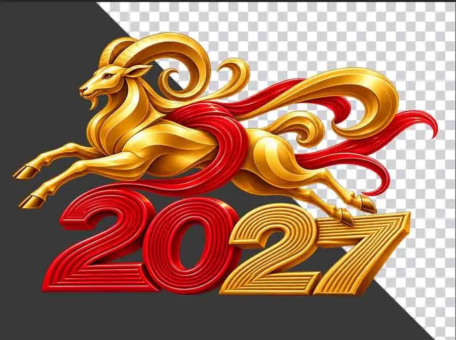 Mô hình chú dê vàng phi nước đại kết hợp chữ số 2027 và dải lụa đỏ - File PNG
