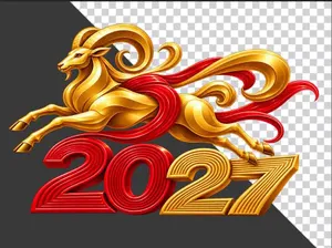 Mô hình chú dê vàng phi nước đại kết hợp chữ số 2027 và dải lụa đỏ - File PNG