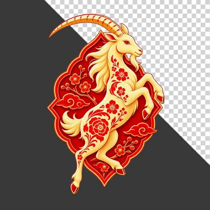 File PNG - Hình ảnh chú dê vàng nhảy chồm trang trí Tết hoa văn truyền thống