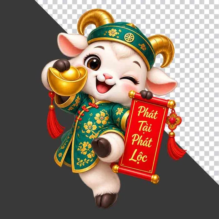 File PNG - Tượng chú dê xanh nháy mắt cầm thỏi vàng và cuộn thư Phát Tài Phát Lộc