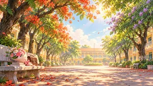 File JPG - Sân trường bình minh hoa phượng hoa bằng lăng