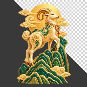 File PNG - Tượng dê vàng áo ngọc bích đứng trên núi mây mặt trời