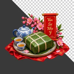 File PNG - Mâm gốm sứ bánh chưng ấm chén trà hoa đào và cuộn thư Vạn Sự Như Ý
