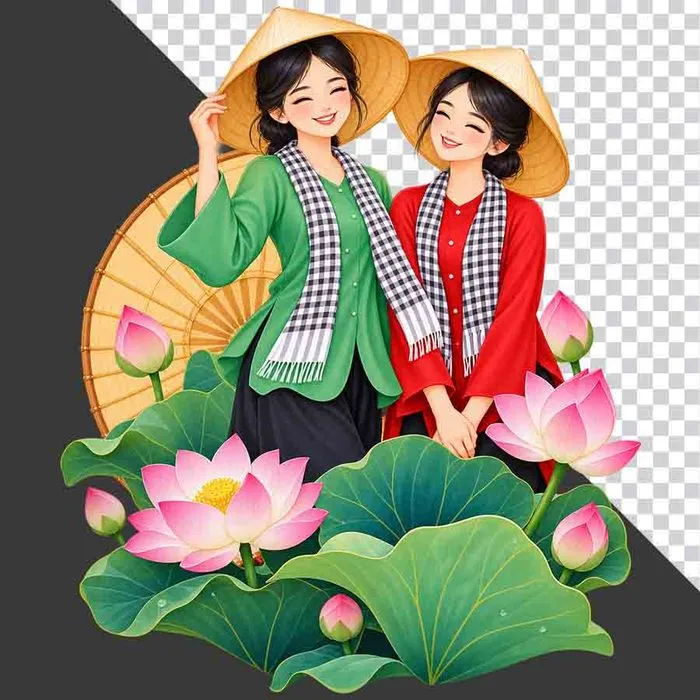 File PNG - Hai thiếu nữ mặc áo bà ba xanh đỏ khăn rằn đội nón lá bên đầm sen hồng
