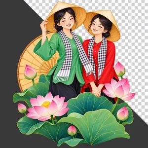 File PNG - Hai thiếu nữ mặc áo bà ba xanh đỏ khăn rằn đội nón lá bên đầm sen hồng