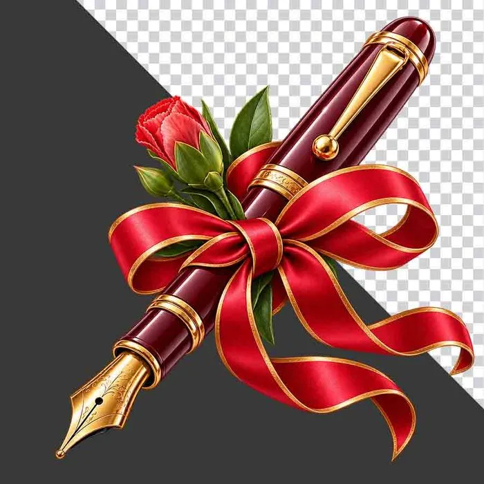 File PNG - Bút máy đỏ ngòi vàng trang trí hoa hồng và ruy băng tri ân 20 tháng 11