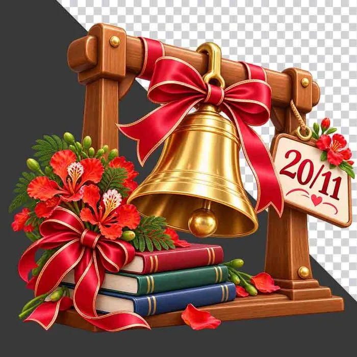 Chuông vàng hoa đỏ sách thẻ 20/11 tri ân thầy cô - File PNG