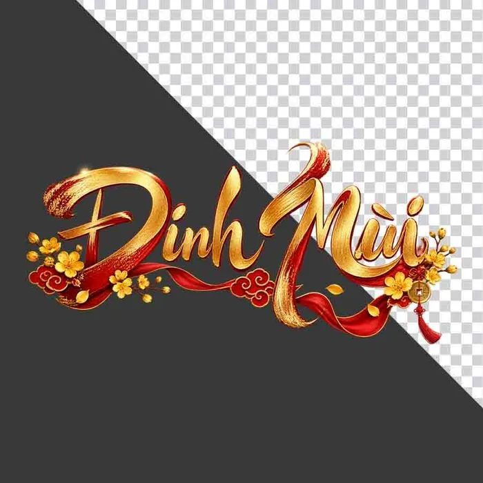 File PNG - Chữ Đinh Mùi 3D ngang hoa mai vàng lụa đỏ đồng tiền ngày Tết