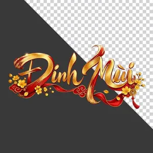 File PNG - Chữ Đinh Mùi 3D ngang hoa mai vàng lụa đỏ đồng tiền ngày Tết