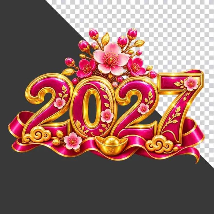 Hình ảnh chữ số 2027 hồng đậm viền vàng trang trí hoa đào và thỏi vàng chào năm mới - File PNG