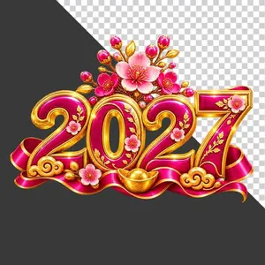 Hình ảnh chữ số 2027 hồng đậm viền vàng trang trí hoa đào và thỏi vàng chào năm mới - File PNG