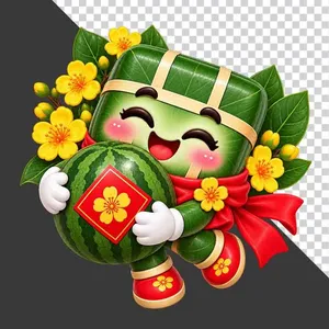 Nhân vật hoạt hình bánh chưng ôm dưa hấu đỏ hoa mai rực rỡ - File PNG