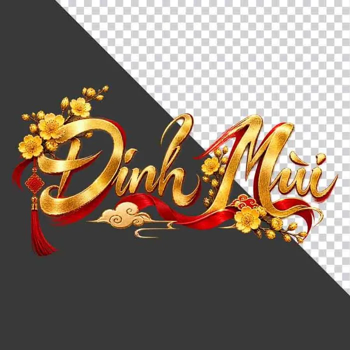 File PNG - Chữ Đinh Mùi 3D ngang hoa mai vàng tua rua đỏ ngày Tết
