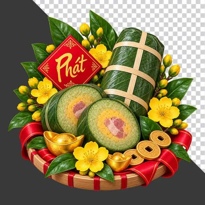 Mẹt bánh tét chữ Phát hoa mai thỏi vàng và tiền vàng tài lộc - File PNG