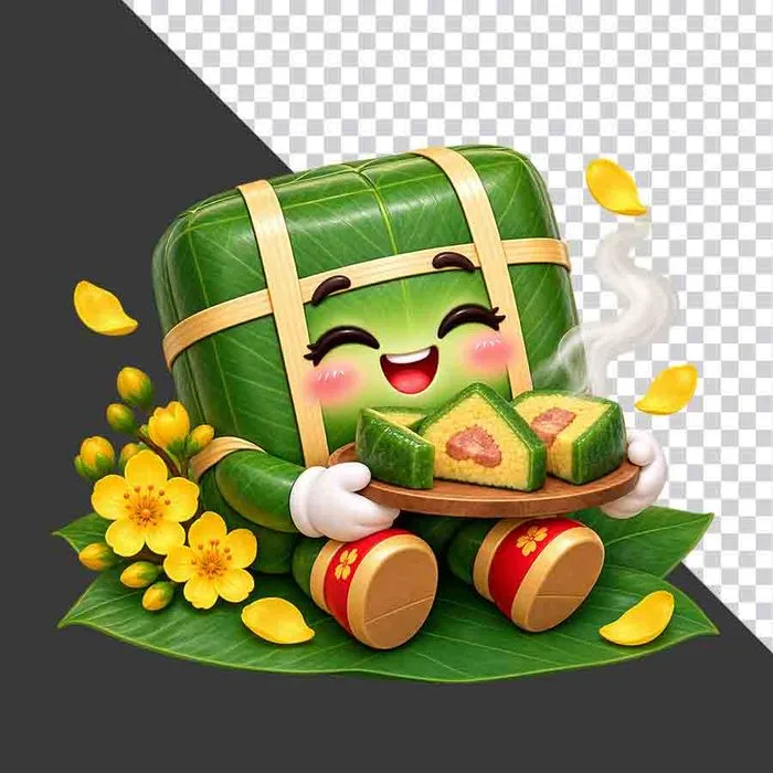 Bánh chưng ngồi lá dong bưng mâm bánh chưng cắt lát hoa mai vàng - File PNG