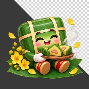 Bánh chưng ngồi lá dong bưng mâm bánh chưng cắt lát hoa mai vàng - File PNG