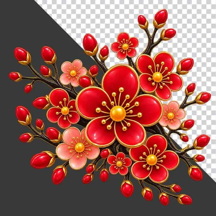 File PNG - Cành hoa đào đỏ hồng chùm lớn đặc sắc