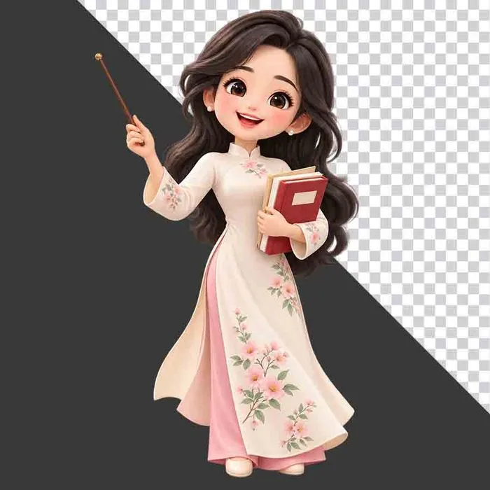 File PNG - Cô giáo áo dài trắng cầm thước bảng và sách tri ân 20 tháng 11