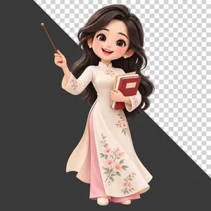 File PNG - Cô giáo áo dài trắng cầm thước bảng và sách tri ân 20 tháng 11
