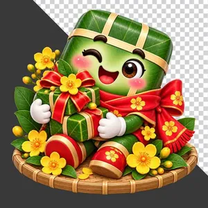 File PNG - Bánh chưng ôm hộp quà hoa mai mẹt tre