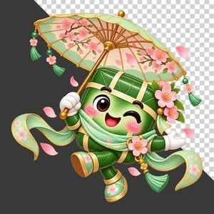 File PNG - Bánh chưng cầm ô che hoa đào xuân