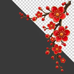 File PNG - Cành hoa đào đỏ dọc khoe sắc
