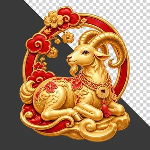 File PNG - Tượng dê vàng nằm nghỉ trong khung tròn hoa đỏ mây vàng