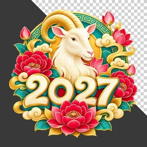 Hình ảnh đầu dê trắng và chữ số 2027 hoa sen hoa mẫu đơn - File PNG
