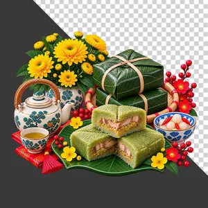 File PNG - Mâm cỗ bánh chưng trà ấm hoa mai trưng bày ngày Tết cổ truyền