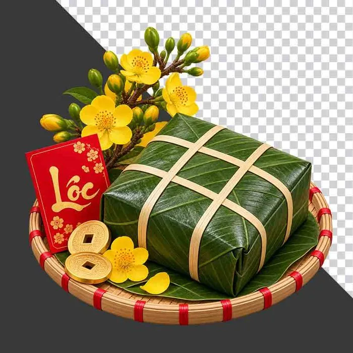 File PNG - Mẹt bánh chưng hoa mai bao lì xì Lộc và tiền cổ may mắn
