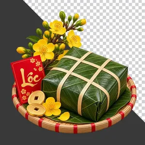 File PNG - Mẹt bánh chưng hoa mai bao lì xì Lộc và tiền cổ may mắn