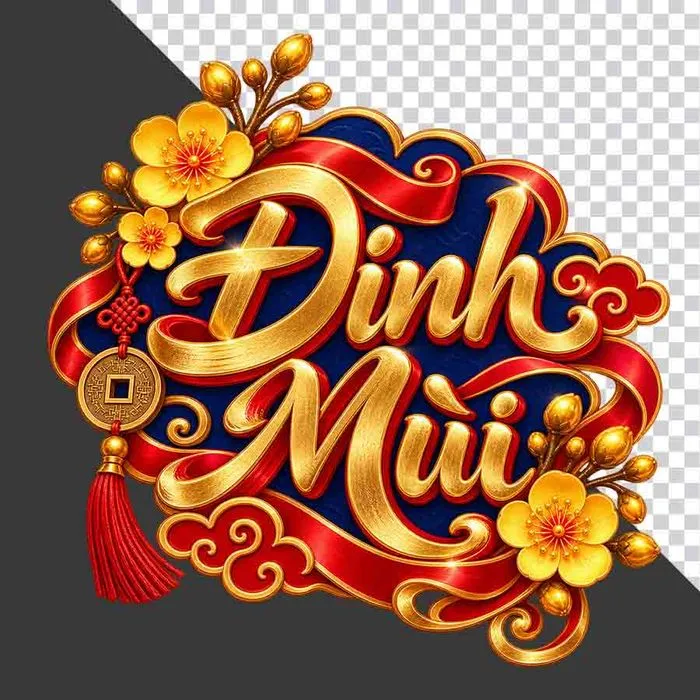 Huy hiệu chữ Đinh Mùi 3D nền xanh hoa mai và đồng tiền vàng ngày Tết -File PNG