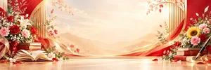 File JPG - Phông nền 20/11 khung vòm hoa hồng hướng dương sách vở lụa đỏ