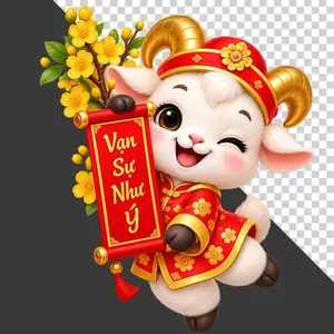 File PNG - Tượng chú dê đỏ nháy mắt cầm cành hoa mai vàng và cuộn thư Vạn Sự Như Ý
