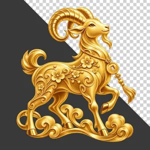 File PNG - Tượng dê vàng nguyên khối dây đỏ tiền xu mây vàng