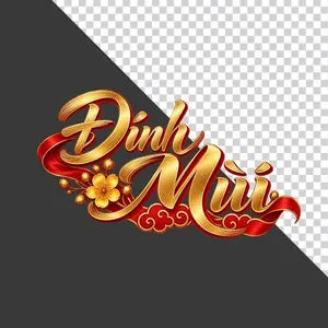 File PNG - Chữ Đinh Mùi 3D xếp tầng hoa mai vàng lụa đỏ ngày Tết