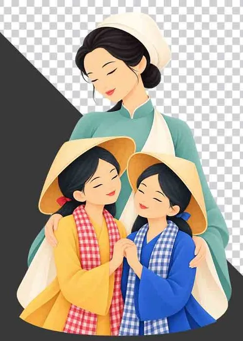 Mẹ đội mũ vải mặc áo dài xanh ôm hai con gái mặc áo bà ba vàng xanh - PNG