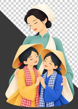 Mẹ đội mũ vải mặc áo dài xanh ôm hai con gái mặc áo bà ba vàng xanh - PNG
