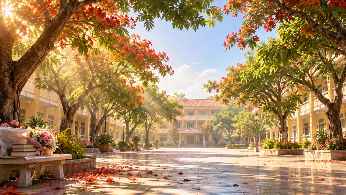 File JPG - Sân trường bình minh hoa phượng đỏ ghế đá