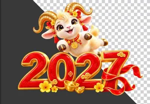 Hình ảnh chú dê vàng bên chữ số 2027 đỏ trang trí hoa mai - File PNG