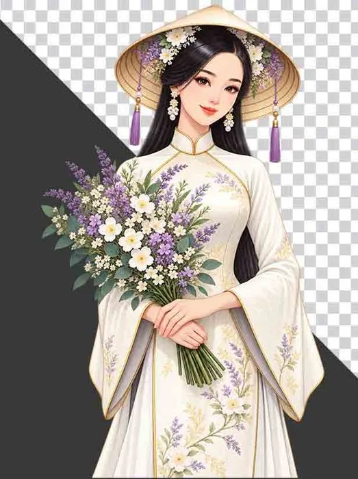 File PNG - Thiếu nữ mặc cổ phục trắng đội nón lá ôm bó hoa oải hương và hoa trắng