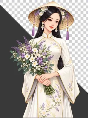 File PNG - Thiếu nữ mặc cổ phục trắng đội nón lá ôm bó hoa oải hương và hoa trắng