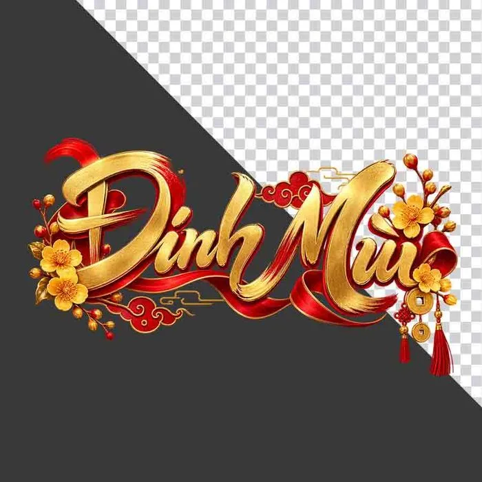 File PNG - Chữ Đinh Mùi 3D phong cách thư pháp vàng kim lụa đỏ hoa mai ngày Tết