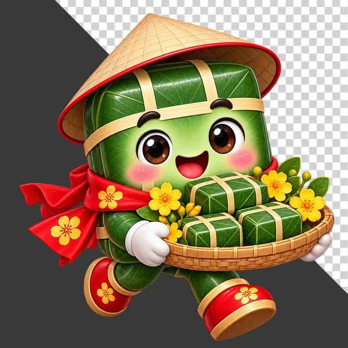 Bánh chưng đội nón lá bưng mâm bánh chưng hoa mai - File PNG